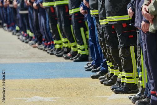 Slika na platnu A group of firefighters lined up, saluting the flag, applauding in solidarity, and gearing up for intensive training sessions, showcasing their unwavering commitment to service and teamwork