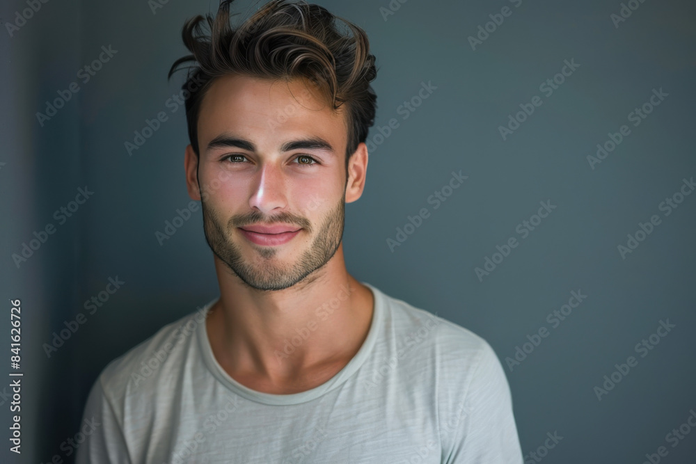 A close up portrait of a young man with a subtle smile A close up portrait of a young man with a subtle smile