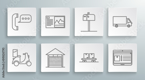 Set line Scooter delivery, Postcard, Closed warehouse, Railway carriage, Laptop with app tracking, Open mail box, Delivery cargo truck vehicle and Telephone speech bubble chat icon. Vector