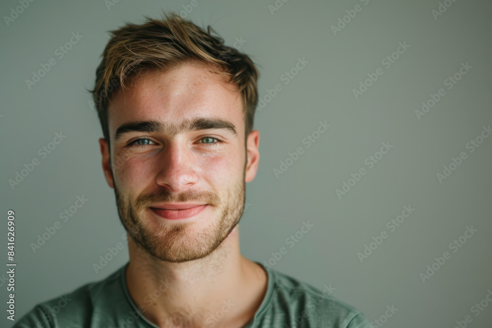 A close up portrait of a young man with a subtle smile A close up portrait of a young man with a subtle smile