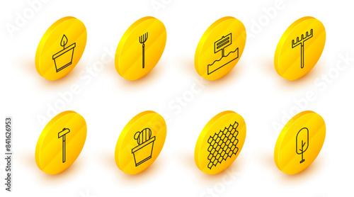 Set line Tree, Garden fence wooden, Cactus and succulent in pot, Hammer, rake, Blank sign board, pitchfork and Plant icon. Vector