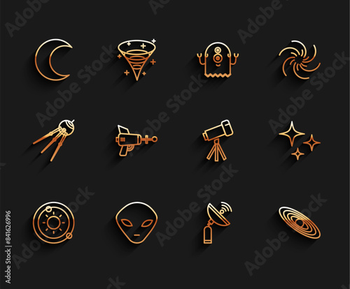 Set line Solar system, Alien, Moon and stars, Radar, Planet, Ray gun, Falling and Telescope icon. Vector