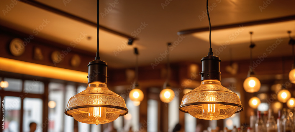 Obraz premium Lampe ou lustre éclairant un l'intérieur d'un restaurant.