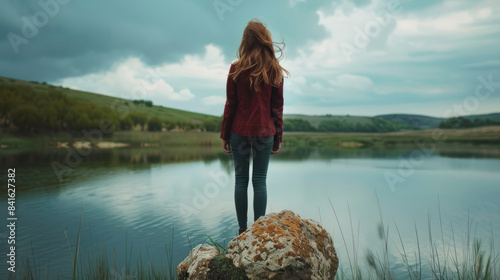 Woman standing on rock by serene lake with cloudy sky