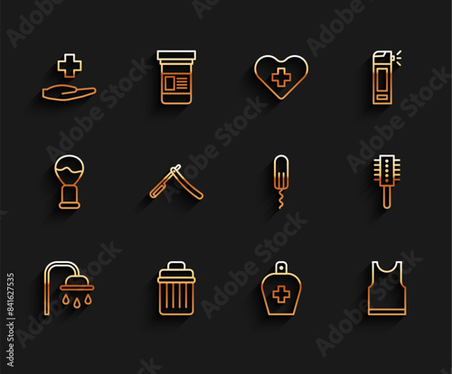 Set line Shower head, Trash can, Cross hospital medical, Bottle of liquid antibacterial soap, Sleeveless T-shirt, Straight razor, Hairbrush and Sanitary tampon icon. Vector