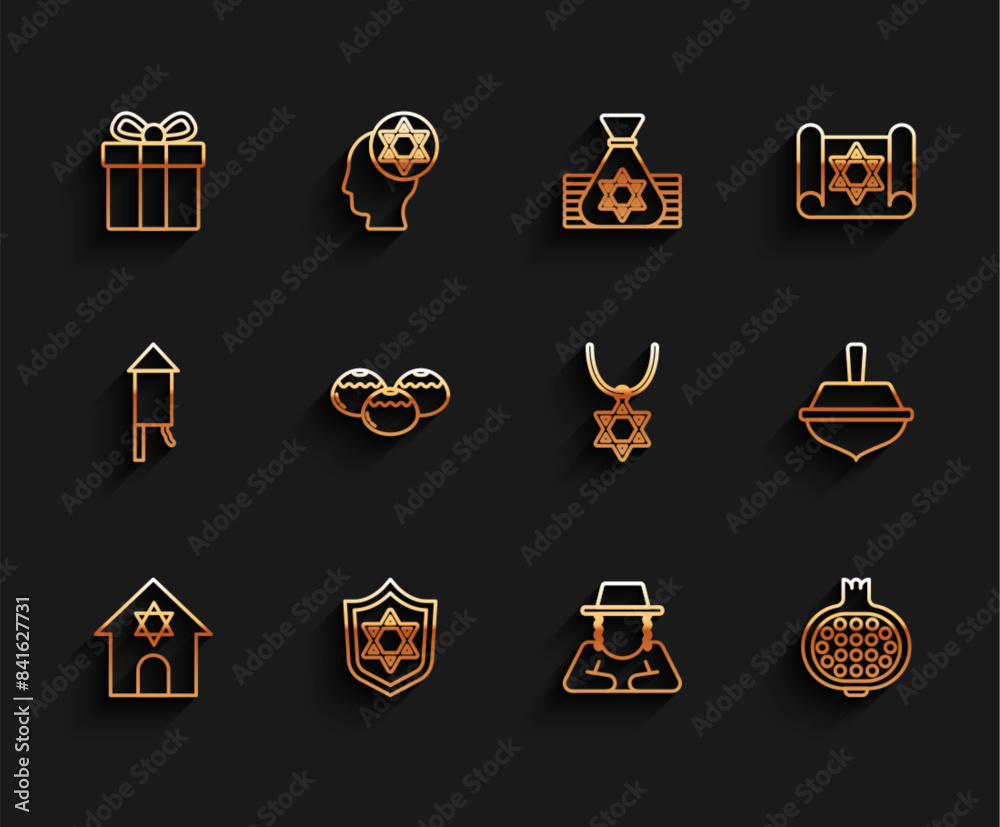 Set line Jewish synagogue, Shield with Star of David, Gift box, Orthodox jewish hat, Pomegranate, sweet bakery, Hanukkah dreidel and necklace on chain icon. Vector Set line Jewish synagogue, Shield with Star of David, Gift box, Orthodox jewish hat, Pomegranate, sweet bakery, Hanukkah dreidel and necklace on chain icon. Vector