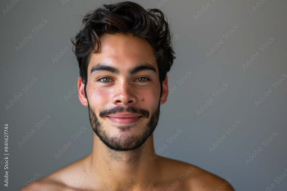 A close up portrait of a young man with a subtle smile A close up portrait of a young man with a subtle smile