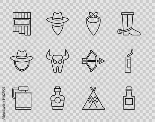 Set line Canteen water bottle, Tequila, Cowboy bandana, Pan flute, Buffalo skull, Indian teepee or wigwam and Dynamite bomb icon. Vector