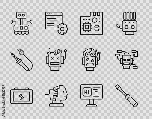 Set line Battery, Screwdriver, Motherboard digital chip, Robot for maintenance, Broken robot, Software and icon. Vector