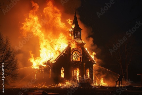 Fierce fire consumes an old church under the dark sky, with flames and smoke rising