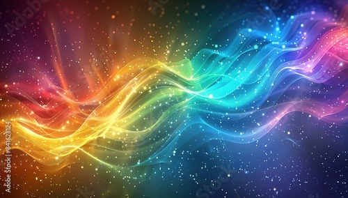 Colorful background with shining light particles and color waves in digital art style