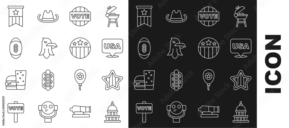 Set line White House, USA Independence day, Vote, Eagle, American Football ball, flag and Medal with star icon. Vector Set line White House, USA Independence day, Vote, Eagle, American Football ball, flag and Medal with star icon. Vector