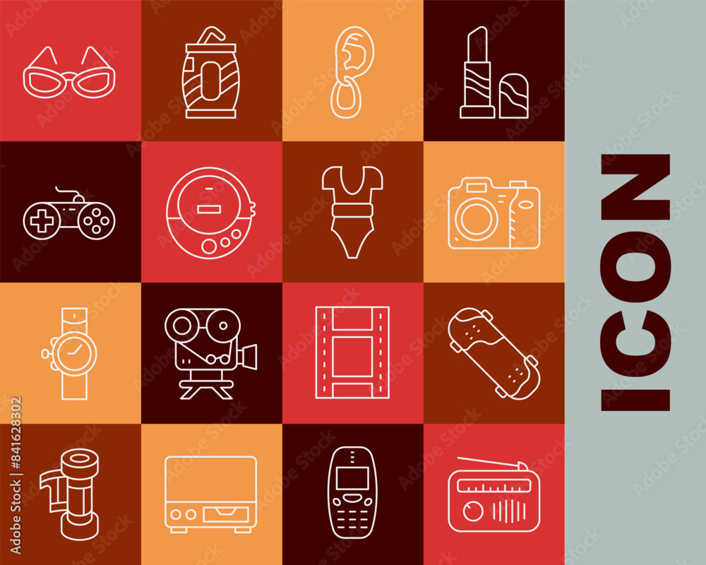 Set line Radio with antenna, Skateboard trick, Photo camera, Ear earring, Music CD player, Gamepad, Glasses and Swimsuit icon. Vector Set line Radio with antenna, Skateboard trick, Photo camera, Ear earring, Music CD player, Gamepad, Glasses and Swimsuit icon. Vector
