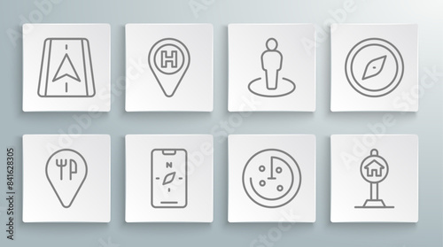 Set line Cafe and restaurant location, Helicopter landing pad, Compass mobile, Radar with targets monitor, Hotel sign for traffic, Location person, and City map navigation icon. Vector