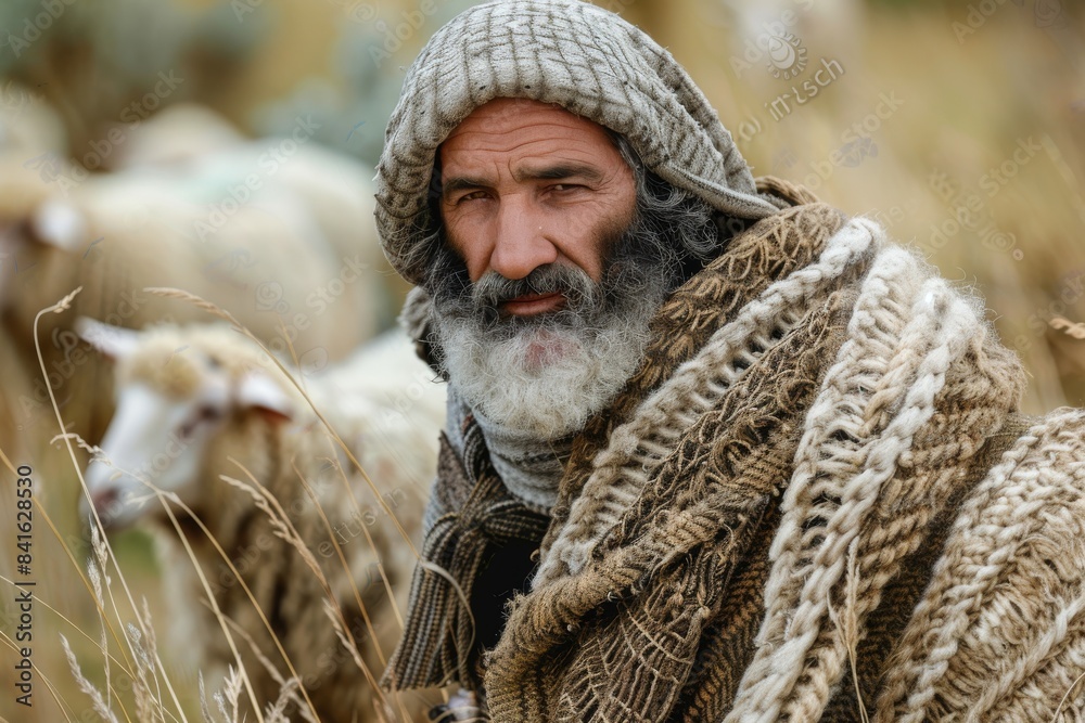 Shepherd with Flock: Rural Pastoral Scene of Sheep Grazing Shepherd with Flock: Rural Pastoral Scene of Sheep Grazing