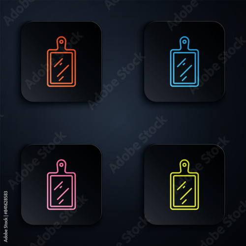 Color neon line Cutting board icon isolated on black background. Chopping Board symbol. Set icons in square buttons. Vector