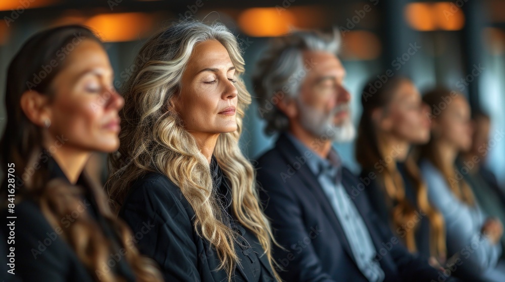 A group of people meditate together, finding peace and tranquility in a bustling city setting A group of people meditate together, finding peace and tranquility in a bustling city setting
