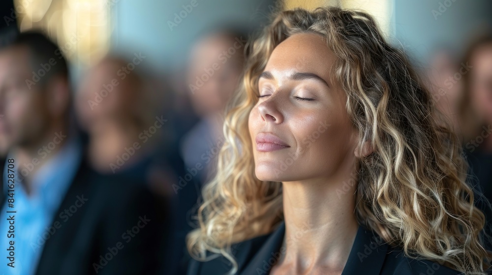 A woman with blonde curly hair closes her eyes in a moment of peace, surrounded by a blurred background of city life A woman with blonde curly hair closes her eyes in a moment of peace, surrounded by a blurred background of city life