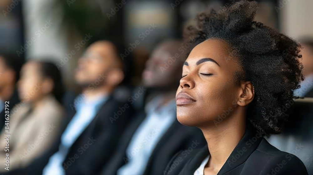 A woman closes her eyes and takes a deep breath during a busy workday, seeking a moment of peace A woman closes her eyes and takes a deep breath during a busy workday, seeking a moment of peace
