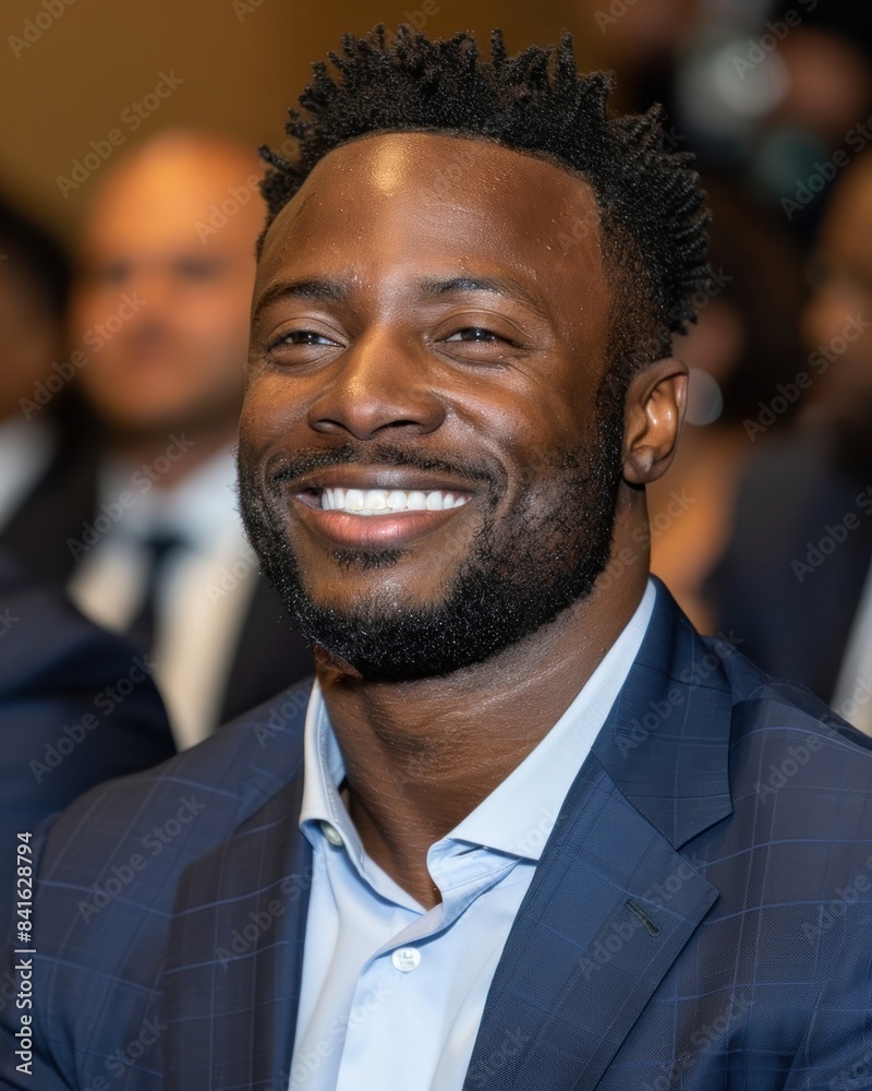 A man in a blue suit smiles brightly while attending a formal gathering A man in a blue suit smiles brightly while attending a formal gathering