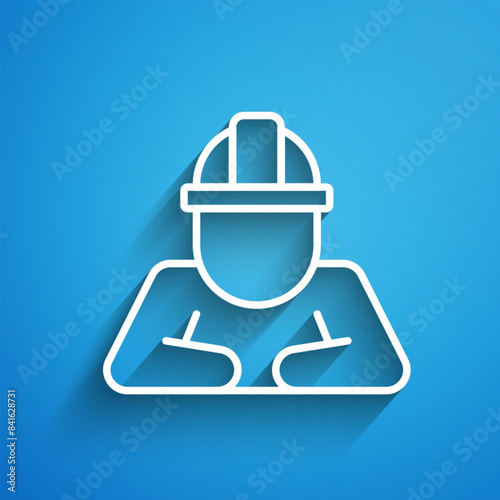 White line Builder icon isolated on blue background. Construction worker. Long shadow. Vector