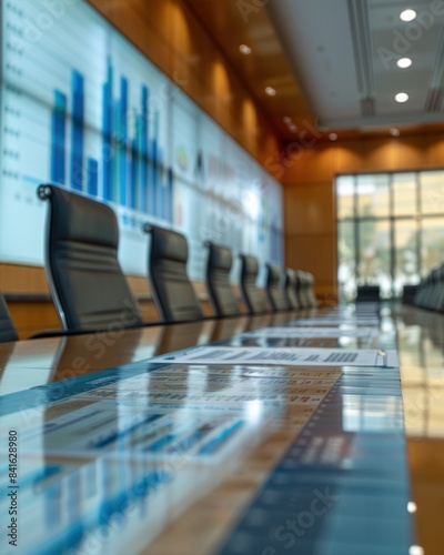An empty conference room table with a row of chairs