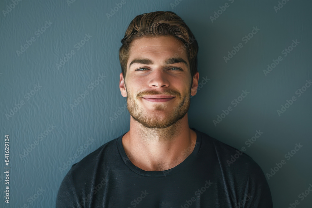 A close up portrait of a young man with a subtle smile A close up portrait of a young man with a subtle smile