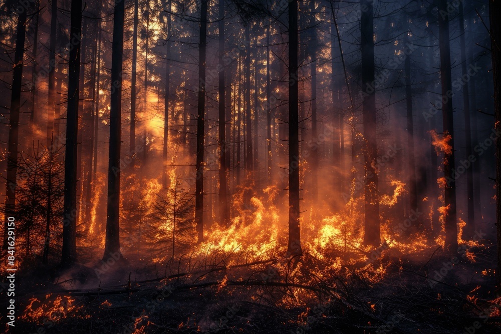 Fototapeta premium Intense image capturing the fierce flames of a forest fire amid the trees during twilight