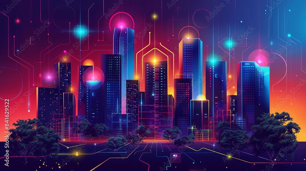 Fototapeta premium Smart buildings with controlling climate and lighting for energy savings, innovative, bright tones, art