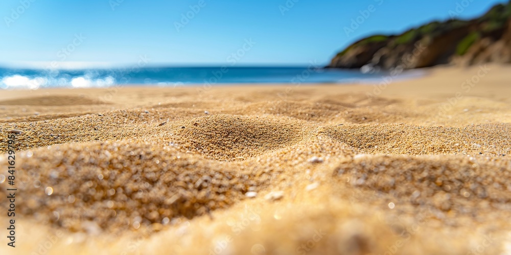 Closeup of golden sand dunes on a sunny beach with the ocean and sky in the background. Summer and travel theme. Design for poster, wallpaper, banner with copy space. Closeup of golden sand dunes on a sunny beach with the ocean and sky in the background. Summer and travel theme. Design for poster, wallpaper, banner with copy space.