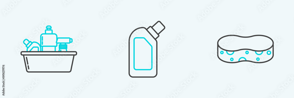 Set line Sponge, Plastic bottles for liquid dishwashing liquid and icon. Vector Set line Sponge, Plastic bottles for liquid dishwashing liquid and icon. Vector