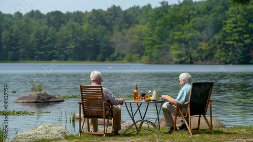 Two older men sit on chairs by a lake, enjoying a drink and a conversation. The scene is peaceful and relaxing, with the water and trees providing a serene backdrop © Ignacio Ferrándiz