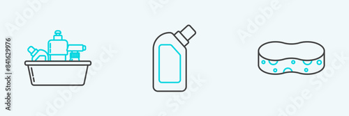 Set line Sponge, Plastic bottles for liquid dishwashing liquid and icon. Vector