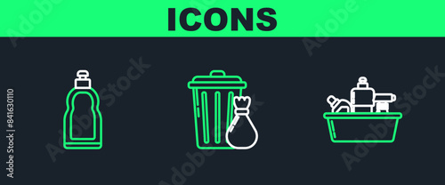 Set line Plastic bottles for liquid dishwashing liquid, and Trash can and garbage bag icon. Vector