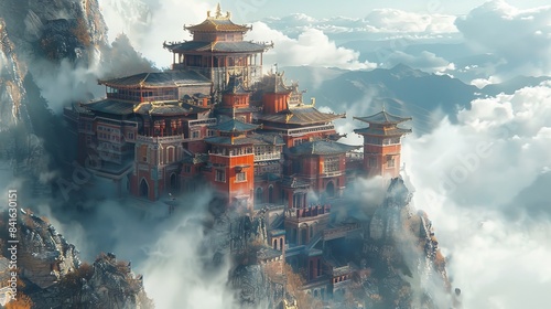 A serene monastery on a mountaintop with clouds below.  photo