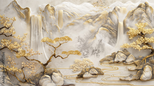 Artistic stucco molding on a concrete wall with golden elements, representing a tranquil Japanese landscape with cascading waterfalls, majestic mountains, and sakura blossoms. photo