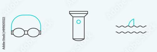 Set line Shark fin in ocean wave, Glasses and cap for swimming and Flashlight icon. Vector