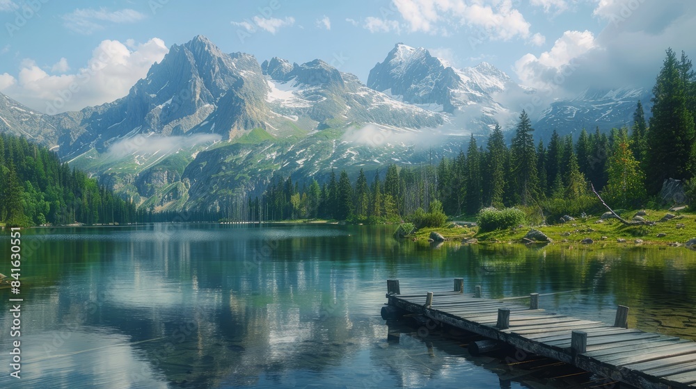 A serene mountain lake with a wooden dock and reflections of majestic peaks. 