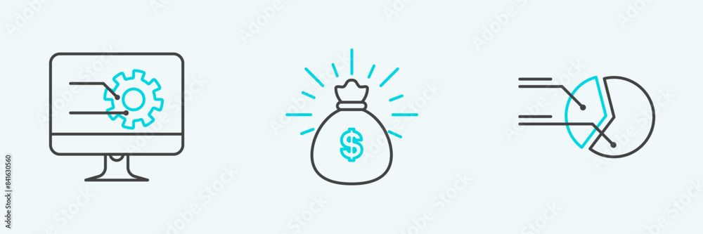 Set line Pie chart infographic, Computer monitor with and Money bag icon. Vector Set line Pie chart infographic, Computer monitor with and Money bag icon. Vector