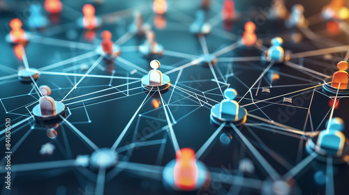 A detailed diagram of interconnected business contacts and connections, with bright nodes and lines, representing networking and strategic partnerships.
