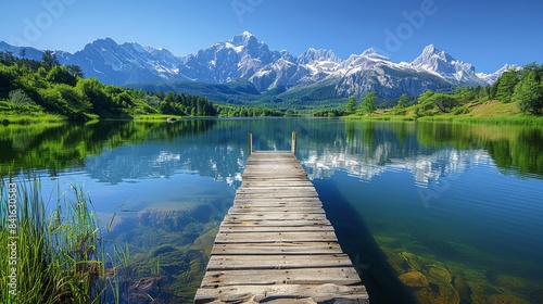 A serene mountain lake with a wooden dock and reflections of majestic peaks. 