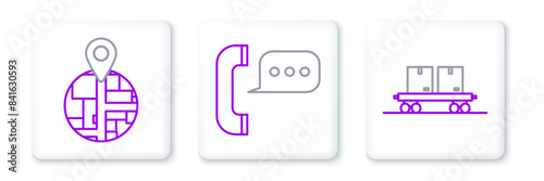 Set line Railway carriage, and Telephone with speech bubble chat icon. Vector