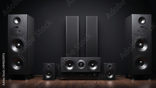 A loudspeakers for music and sound surround home theatre system placed in dark background with copy space, sound system banner design

