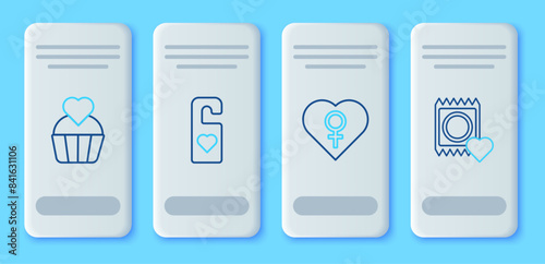 Set line Please do not disturb with heart, Heart female gender, Wedding cake and Condom package icon. Vector