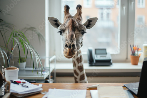 A giraffe sitting at a desk with a cluttered office background. © Irina B