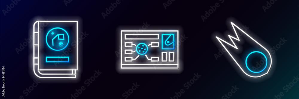 Set line Comet falling down fast, Book by astronomy and Futuristic hud interface icon. Glowing neon. Vector