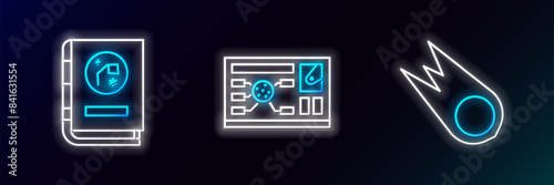 Set line Comet falling down fast, Book by astronomy and Futuristic hud interface icon. Glowing neon. Vector