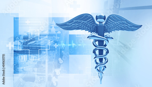 Fotografía caduceus medical symbol in abstract medical background