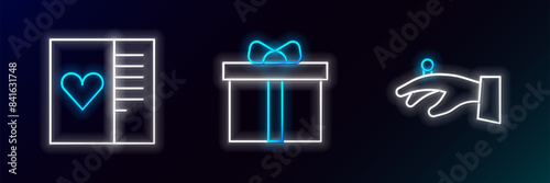 Set line Wedding rings on hand, Postcard with heart and Gift box icon. Glowing neon. Vector