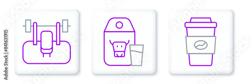 Set line Coffee cup to go, Bench with barbel and Paper package for milk icon. Vector